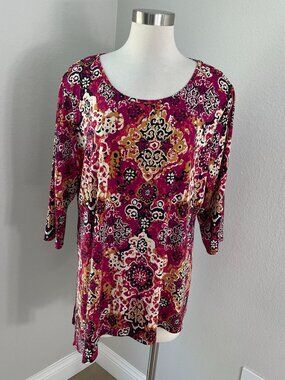 Susan Graver Womens Plus 1X Asymmetrical Hem Tunic Top Stretch Liquid Knit Shirt